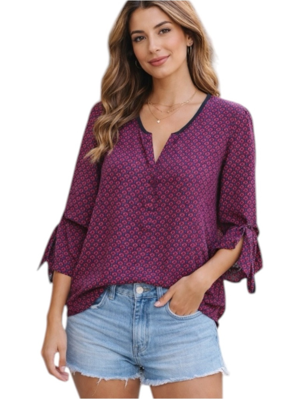 Daniel Rainn Printed V-Neck Blouse Tie Sleeve Boho Top Size S